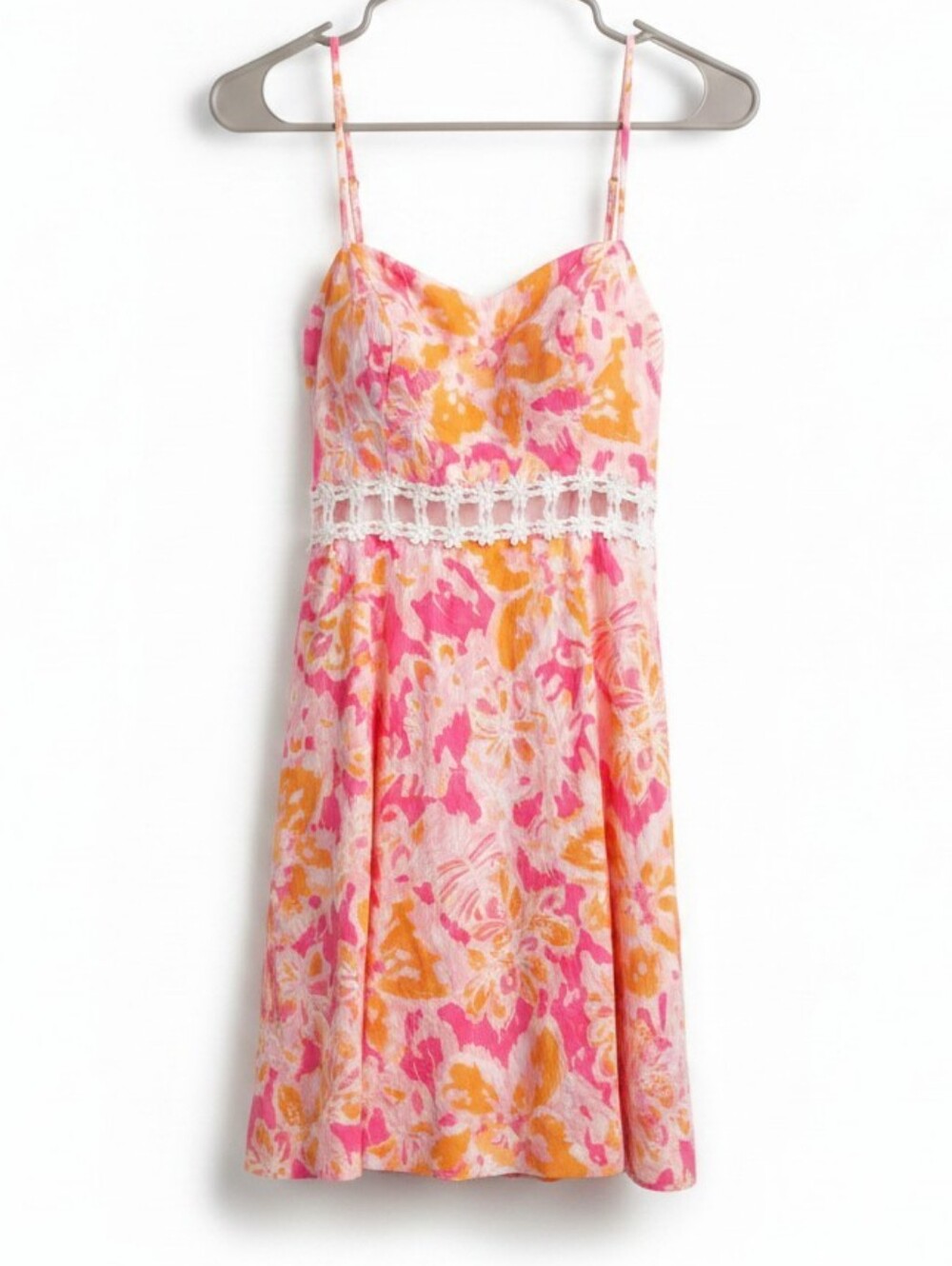 Lilly Pulitzer Lenore Lace Cut Out Ooh La La Pink Yellow Floral Sun Dress Size 6